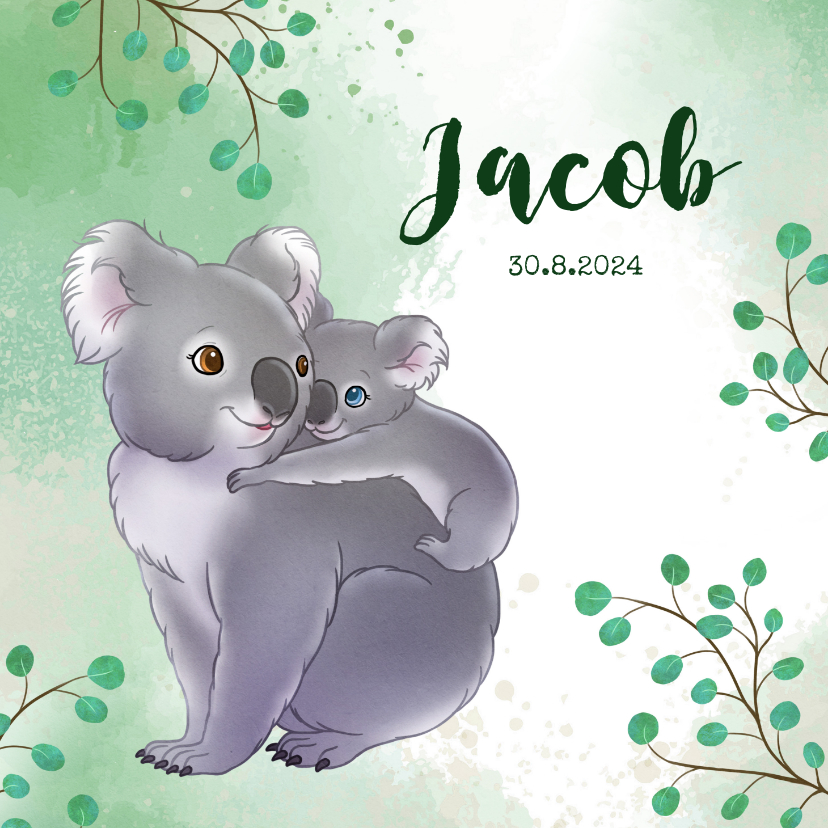 Geboortekaartjes - Geboortekaartje koala met baby en takjes waterverf 