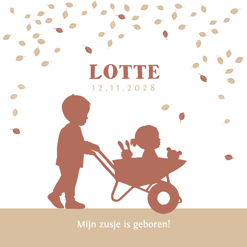 Geboortekaartjes - Geboortekaartje kruiwagen met zusje in kraftkleur