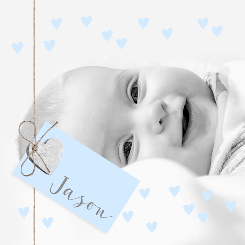 Geboortekaartjes - Geboortekaartje label hartjes foto lichtblauw