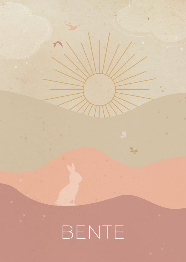 Geboortekaartjes - Geboortekaartje landschap met zon en konijntje roze