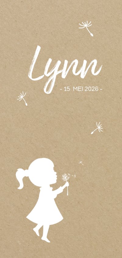 Geboortekaartje langwerpig silhouet meisje met paardebloem - Geboortekaartjes Geboortekaartjes - Geboortekaartje langwerpig silhouet meisje met paardebloem