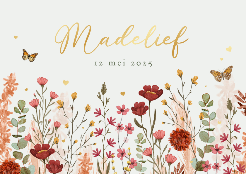 Geboortekaartje lente wilde bloemen vlinders hartjes goud - Geboortekaartjes Geboortekaartjes - Geboortekaartje lente wilde bloemen vlinders hartjes goud