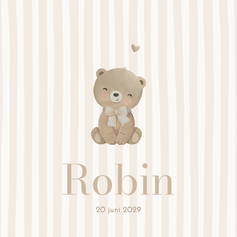 Geboortekaartjes - Geboortekaartje lief beertje met strikje beige