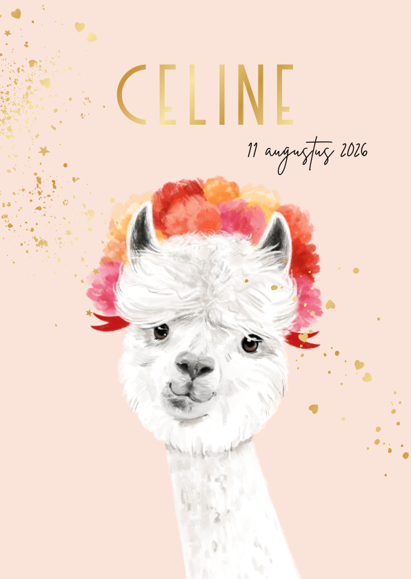 Geboortekaartje lief illustratie alpaca goudfolie hartjes - Geboortekaartjes Geboortekaartjes - Geboortekaartje lief illustratie alpaca goudfolie hartjes