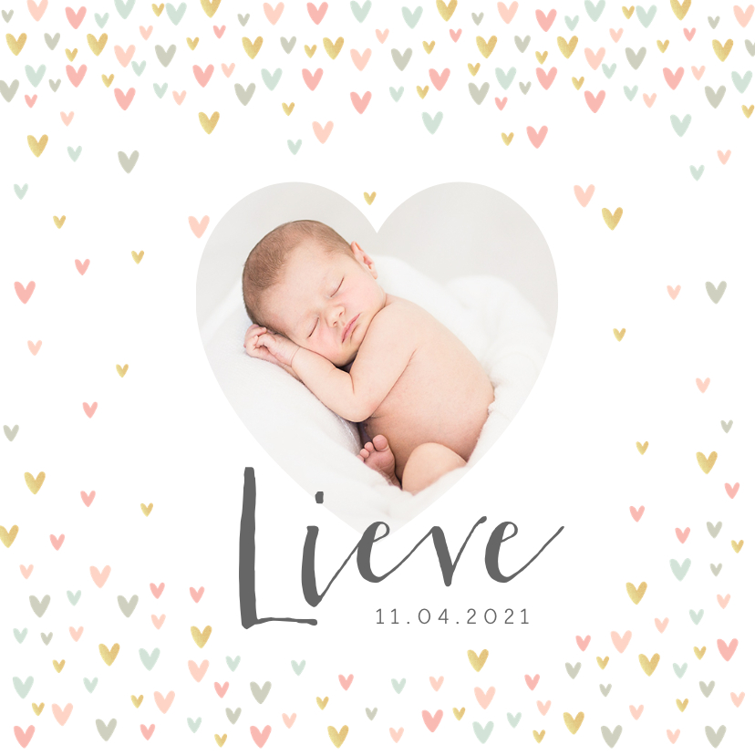 Geboortekaartjes - Geboortekaartje lief meisje met hartjesregen en foto's