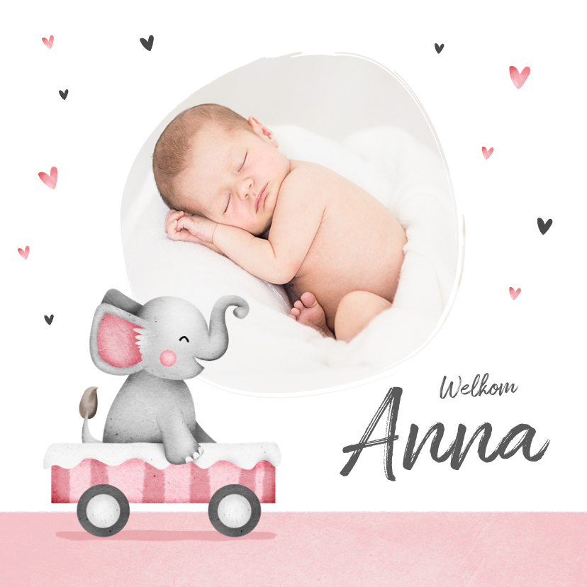 Geboortekaartje lief meisje olifant foto hartjes - Geboortekaartjes Geboortekaartjes - Geboortekaartje lief meisje olifant foto hartjes
