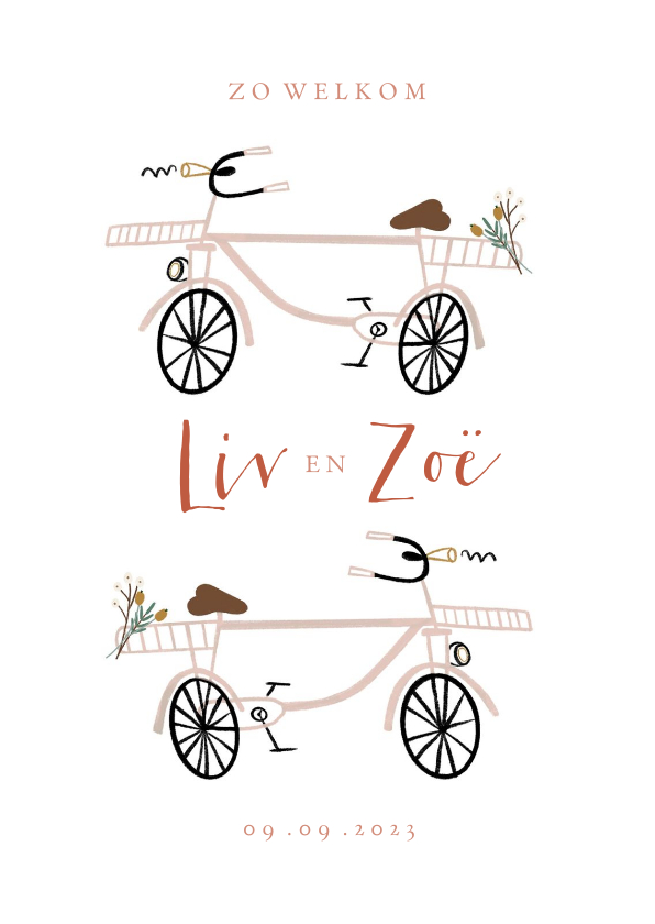 Geboortekaartje lief roze fietsjes tweeling - Geboortekaartjes Geboortekaartjes - Geboortekaartje lief roze fietsjes tweeling