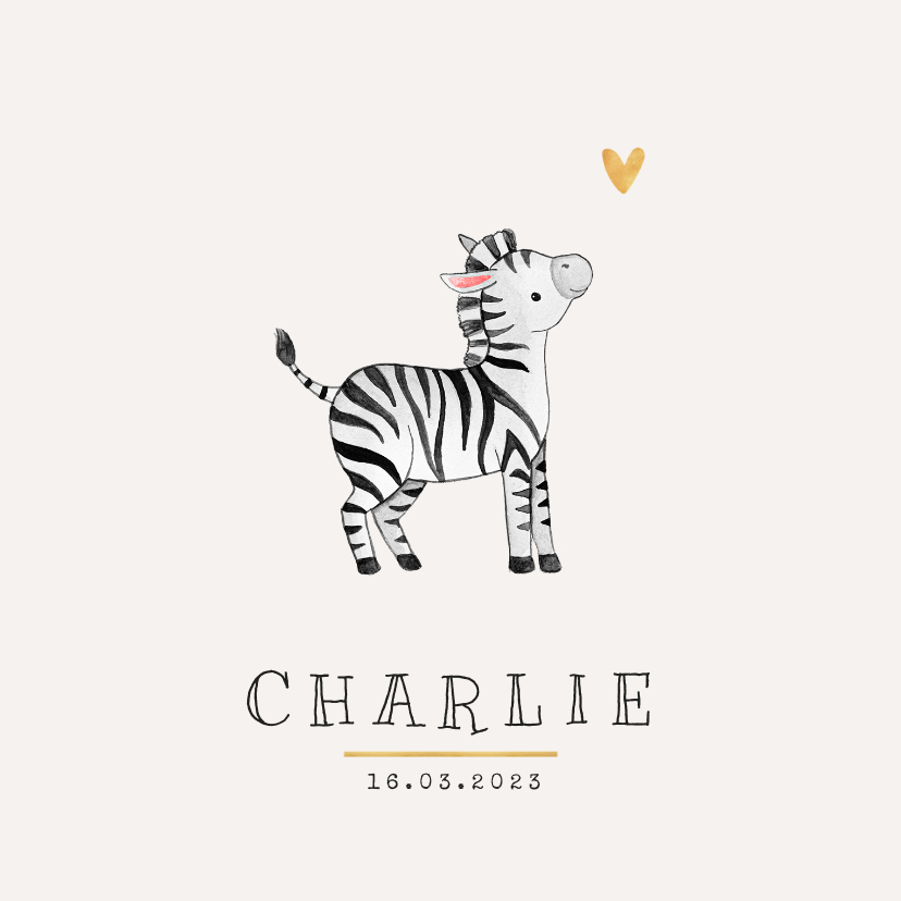 Geboortekaartje lief zebra hartje goud unisex - Geboortekaartjes Geboortekaartjes - Geboortekaartje lief zebra hartje goud unisex
