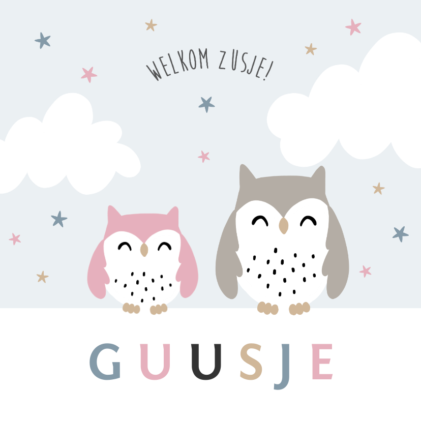 Geboortekaartje lief zusje uiltjes wolkjes sterren - Geboortekaartjes Geboortekaartjes - Geboortekaartje lief zusje uiltjes wolkjes sterren