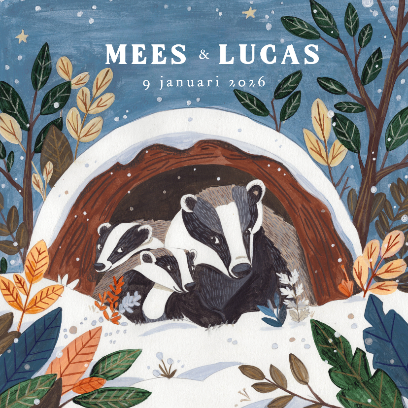 Geboortekaartjes - Geboortekaartje lieve dassen familie mama met tweeling