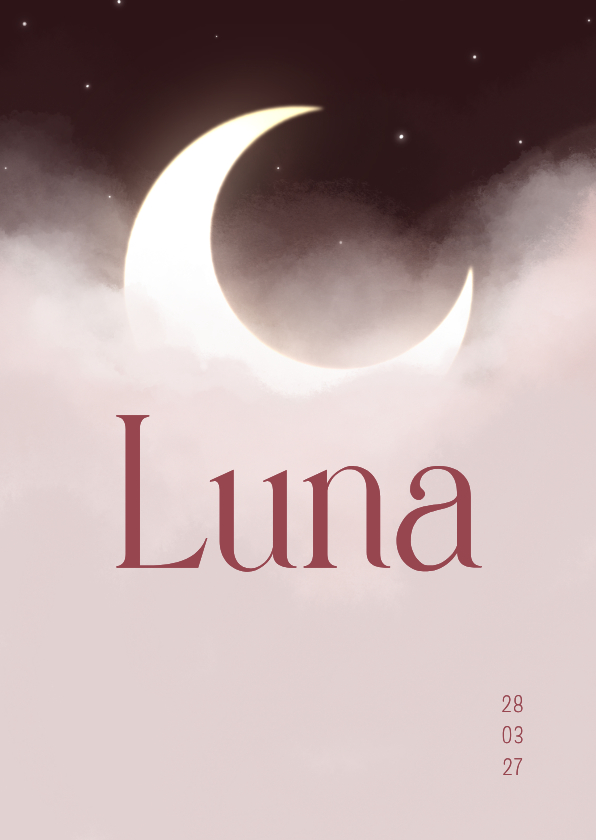 Geboortekaartjes - Geboortekaartje maan tussen wolken en sterren rood