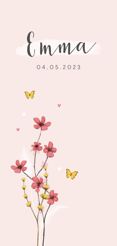Geboortekaartje meisje bloemen lief hartjes bloemen vlinder - Geboortekaartjes Geboortekaartjes - Geboortekaartje meisje bloemen lief hartjes bloemen vlinder