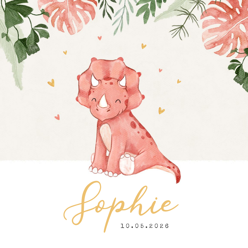 Geboortekaartjes - Geboortekaartje meisje dino triceratops meisje hartjes 