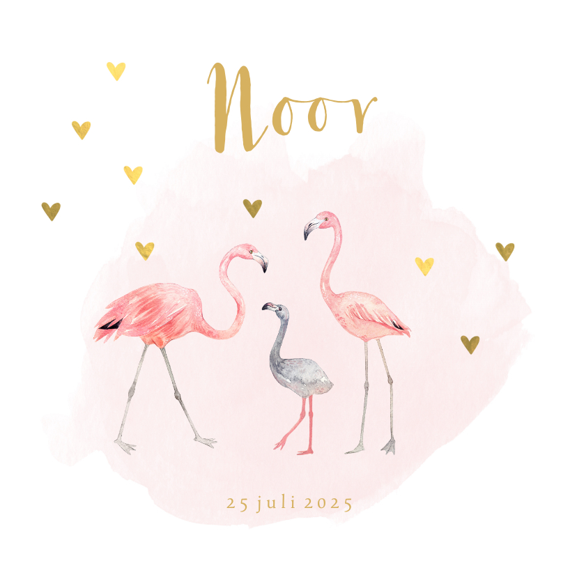 Geboortekaartje meisje flamingo gouden hartjes - Geboortekaartjes Geboortekaartjes - Geboortekaartje meisje flamingo gouden hartjes