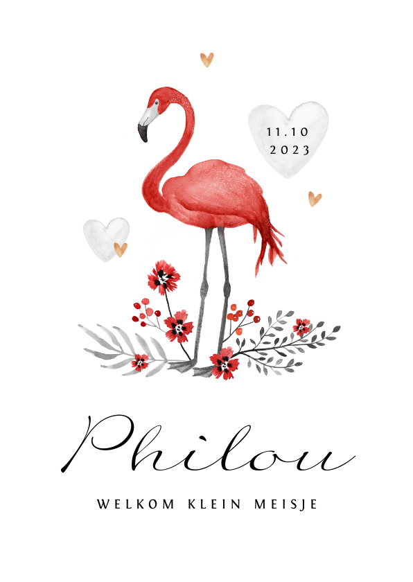 Geboortekaartje meisje flamingo rood hartjes goud - Geboortekaartjes Geboortekaartjes - Geboortekaartje meisje flamingo rood hartjes goud
