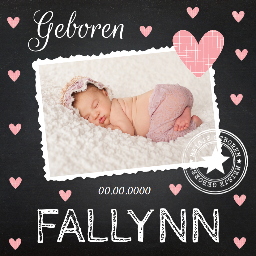 Geboortekaartje meisje foto hartjes krijtbord - Geboortekaartjes Geboortekaartjes - Geboortekaartje meisje foto hartjes krijtbord