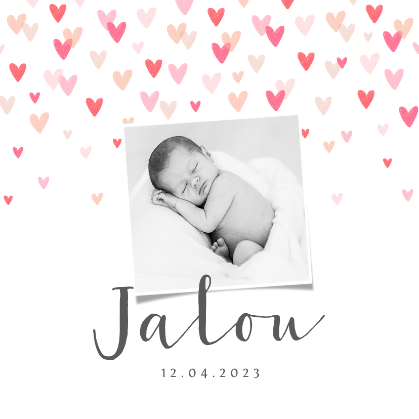 Geboortekaartje meisje hartjes lief foto - Geboortekaartjes Geboortekaartjes - Geboortekaartje meisje hartjes lief foto
