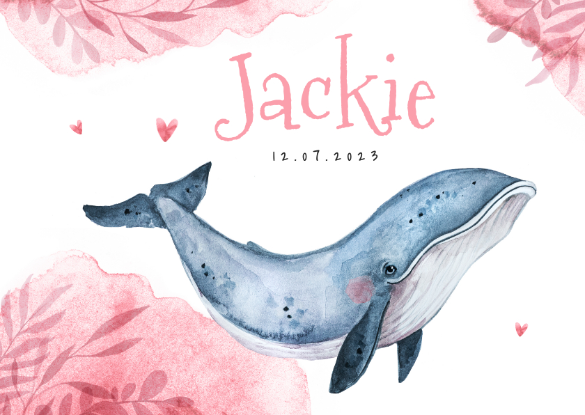 Geboortekaartje meisje hip walvis waterverf hartjes lief - Geboortekaartjes Geboortekaartjes - Geboortekaartje meisje hip walvis waterverf hartjes lief