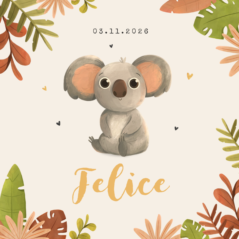Geboortekaartjes - Geboortekaartje meisje jungle dier koala hartjes
