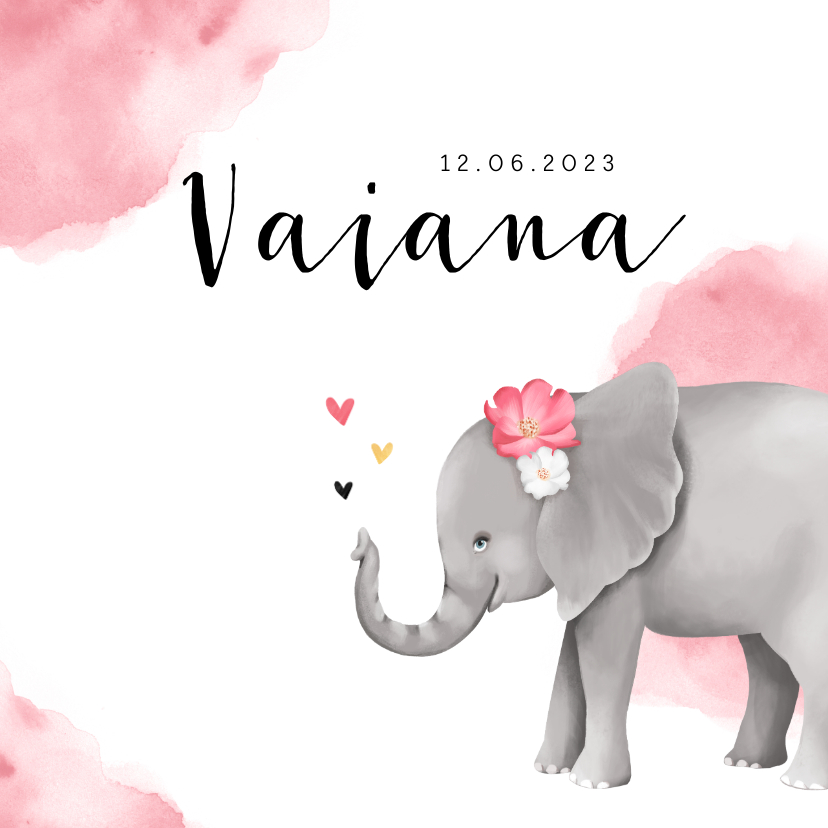 Geboortekaartje meisje lief olifant watercolor hartjes - Geboortekaartjes Geboortekaartjes - Geboortekaartje meisje lief olifant watercolor hartjes