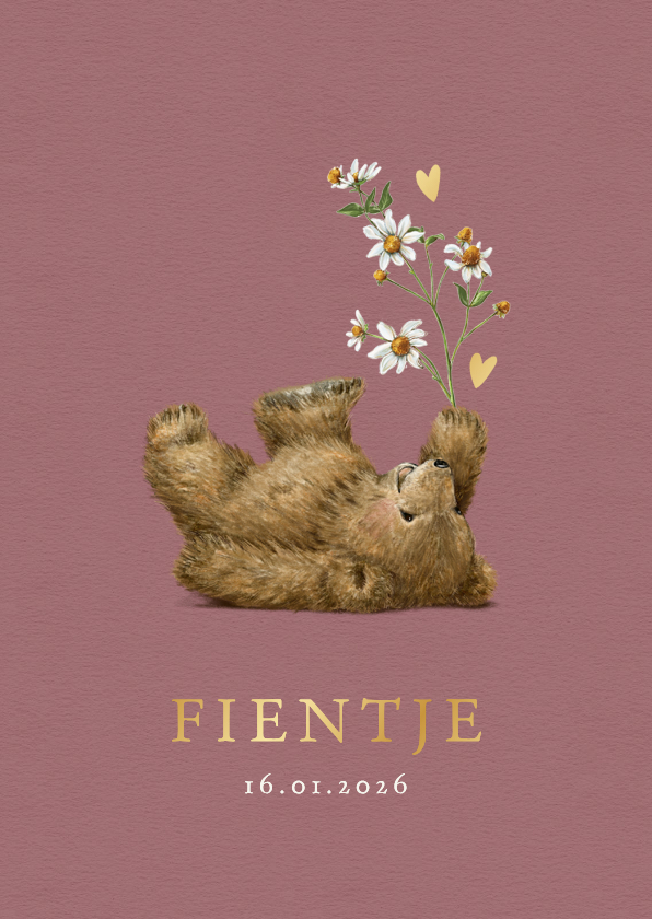 Geboortekaartjes - Geboortekaartje meisje met beertje en bloem met hartjes