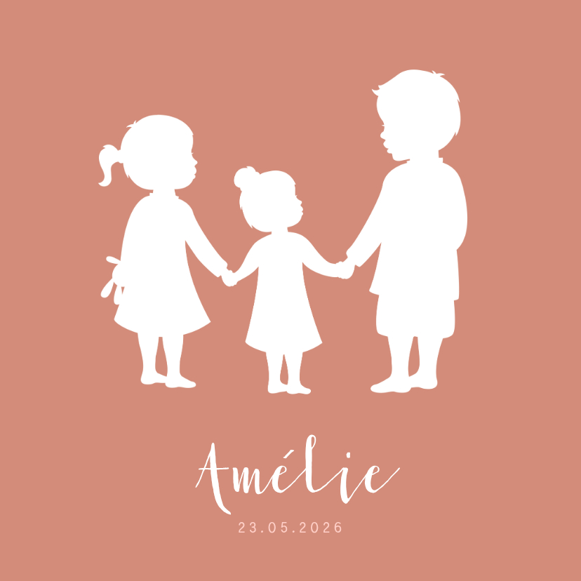 Geboortekaartje meisje met silhouet van grote broer en zus - Geboortekaartjes Geboortekaartjes - Geboortekaartje meisje met silhouet van grote broer en zus