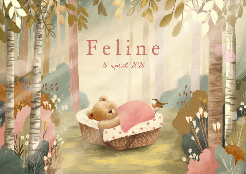 Geboortekaartjes - Geboortekaartje meisje met slapend beertje in het bos