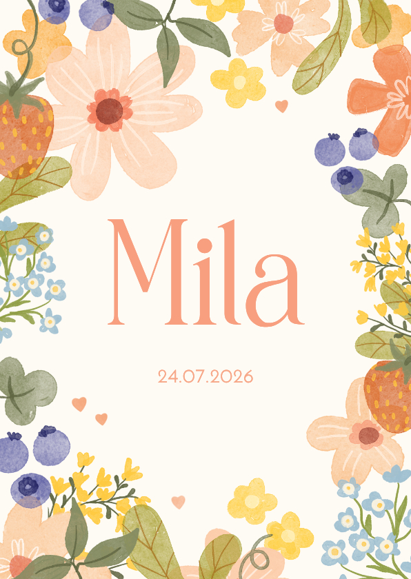 Geboortekaartje meisje met vrolijke bloemen - Geboortekaartjes Geboortekaartjes - Geboortekaartje meisje met vrolijke bloemen