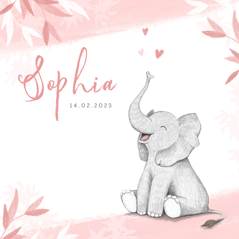 Geboortekaartje meisje olifant dieren roze illustratie - Geboortekaartjes Geboortekaartjes - Geboortekaartje meisje olifant dieren roze illustratie