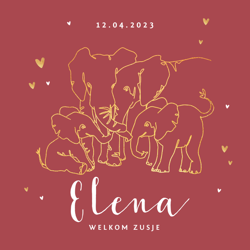 Geboortekaartje meisje olifant dieren zusje broertje goud - Geboortekaartjes Geboortekaartjes - Geboortekaartje meisje olifant dieren zusje broertje goud