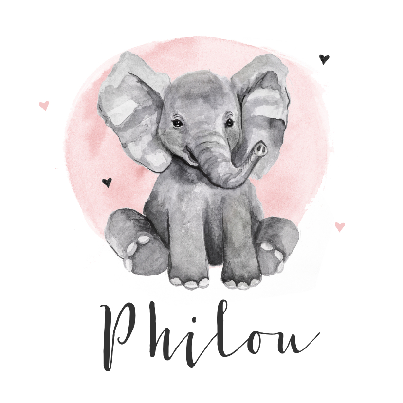Geboortekaartje meisje olifant waterverf hartjes - Geboortekaartjes Geboortekaartjes - Geboortekaartje meisje olifant waterverf hartjes
