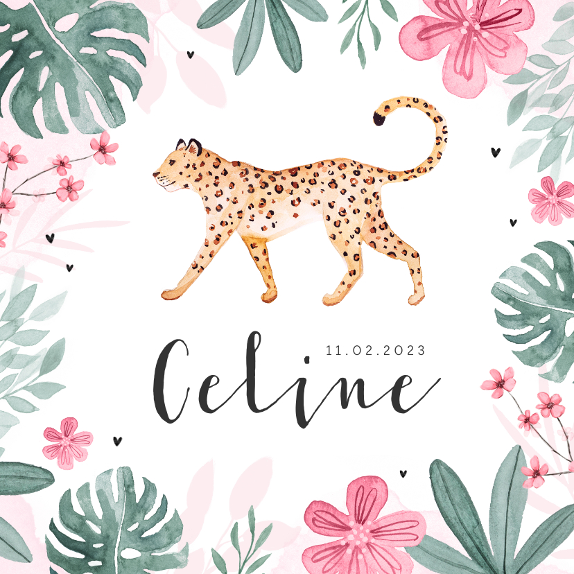 Geboortekaartje meisje panter luipaard jungle roze hartjes - Geboortekaartjes Geboortekaartjes - Geboortekaartje meisje panter luipaard jungle roze hartjes