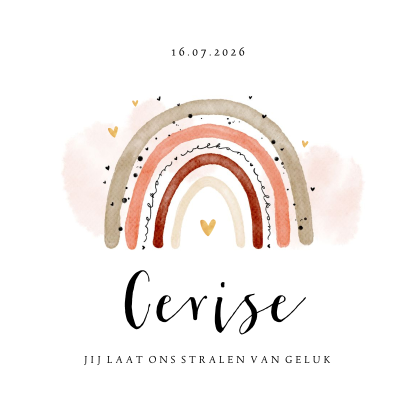 Geboortekaartje meisje regenboog waterverf lief hartjes - Geboortekaartjes Geboortekaartjes - Geboortekaartje meisje regenboog waterverf lief hartjes
