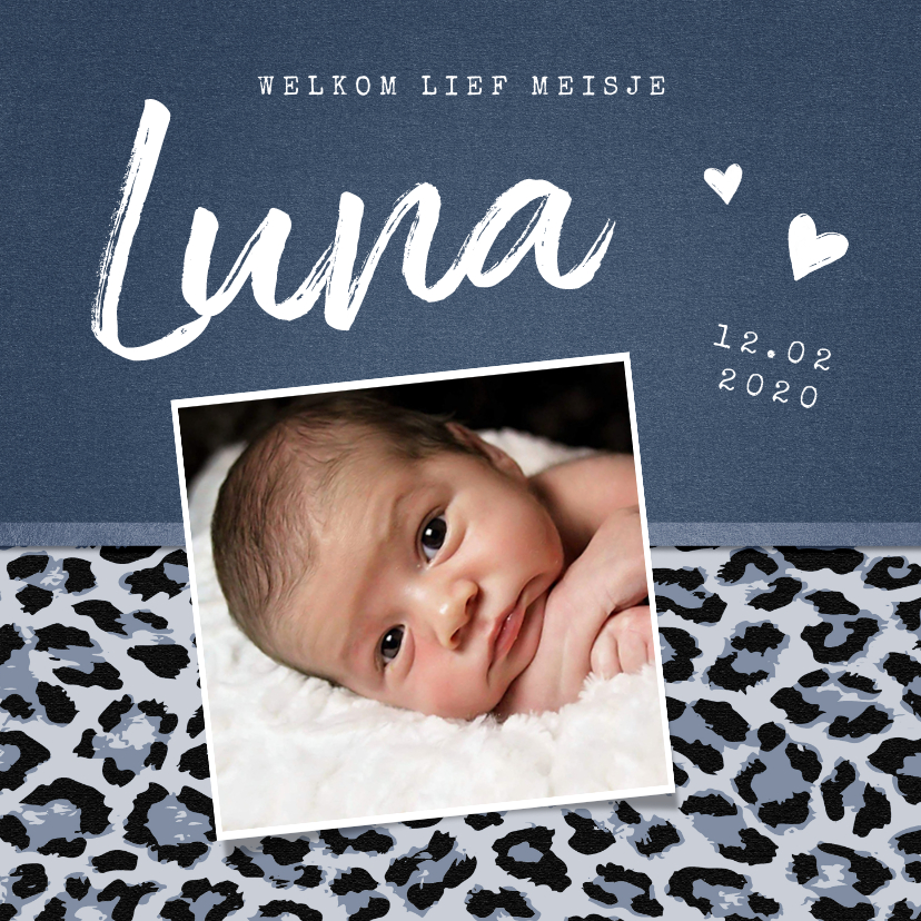 Geboortekaartjes - Geboortekaartje meisje stoer met luipaard print en foto