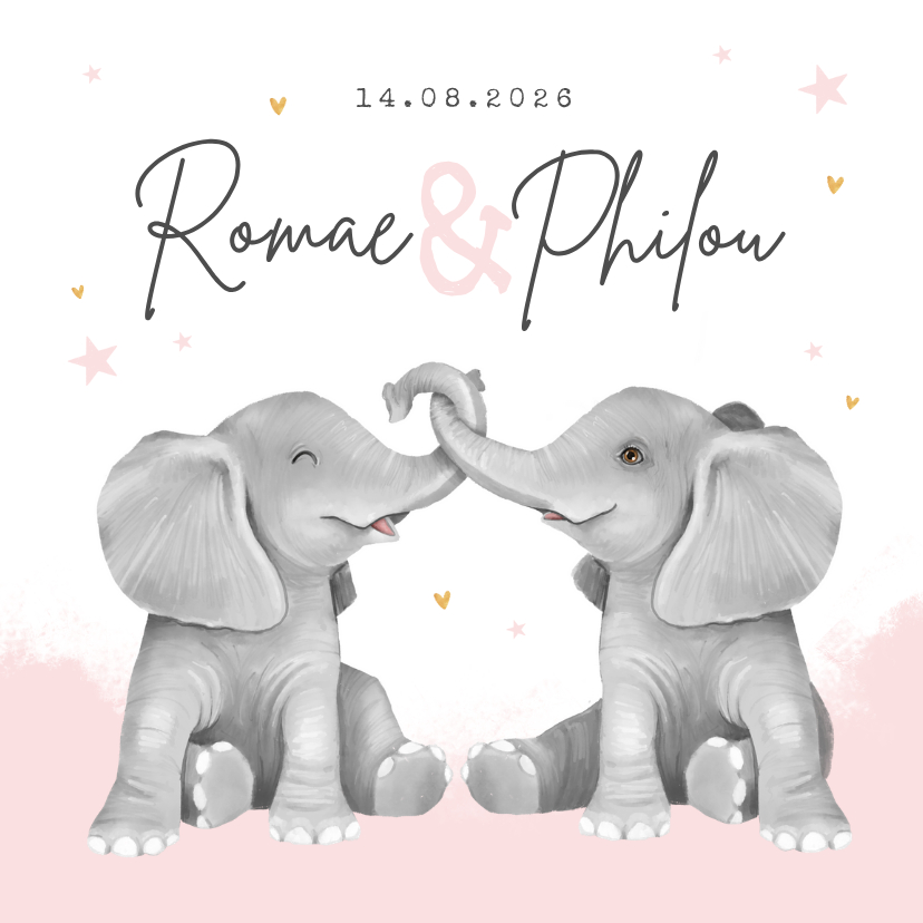 Geboortekaartje meisjes tweeling hartjes goud waterverf - Geboortekaartjes Geboortekaartjes - Geboortekaartje meisjes tweeling hartjes goud waterverf