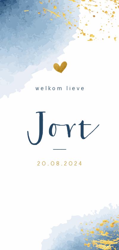 Geboortekaartje met blauwe waterverf en goudspetters - Geboortekaartjes Geboortekaartjes - Geboortekaartje met blauwe waterverf en goudspetters