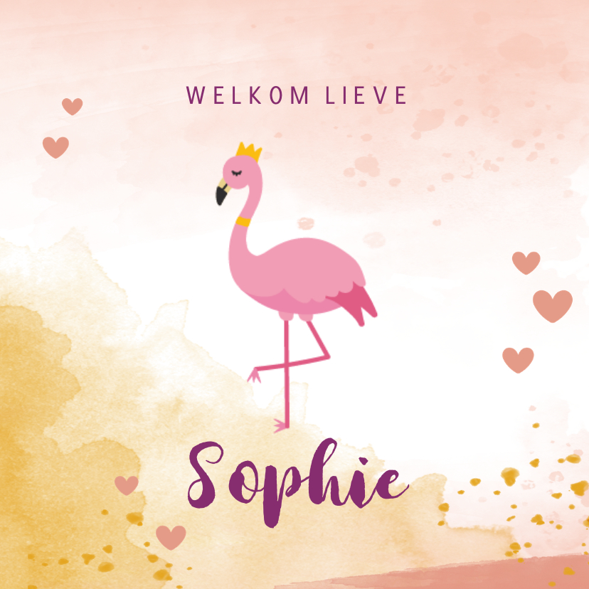Geboortekaartje met flamingo illustratie en waterverf - Geboortekaartjes Geboortekaartjes - Geboortekaartje met flamingo illustratie en waterverf
