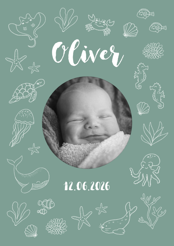 Geboortekaartjes - Geboortekaartje met foto en zeedieren