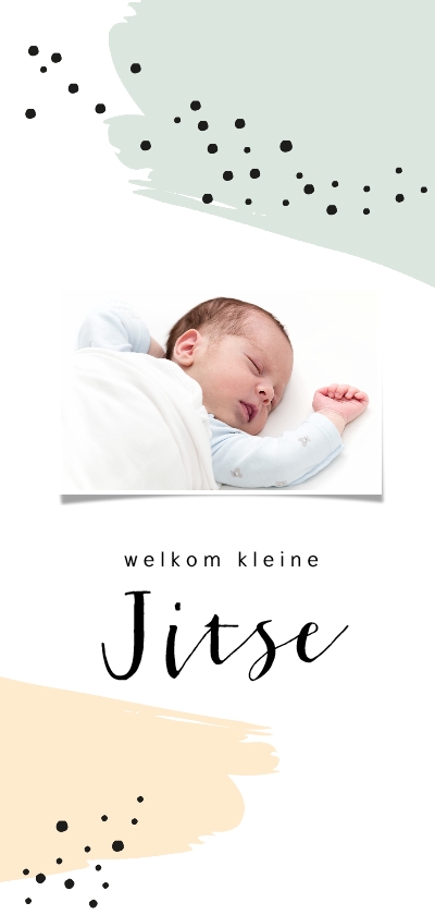 Geboortekaartje met foto met groene en gele brush - Geboortekaartjes Geboortekaartjes - Geboortekaartje met foto met groene en gele brush