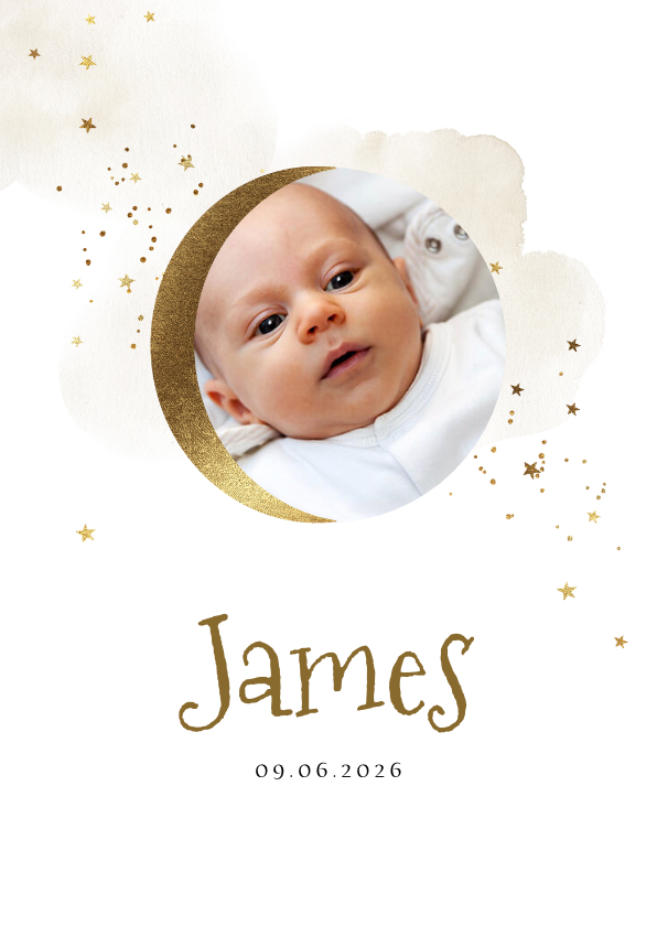 Geboortekaartjes - Geboortekaartje met foto, waterverf en maantje in goud