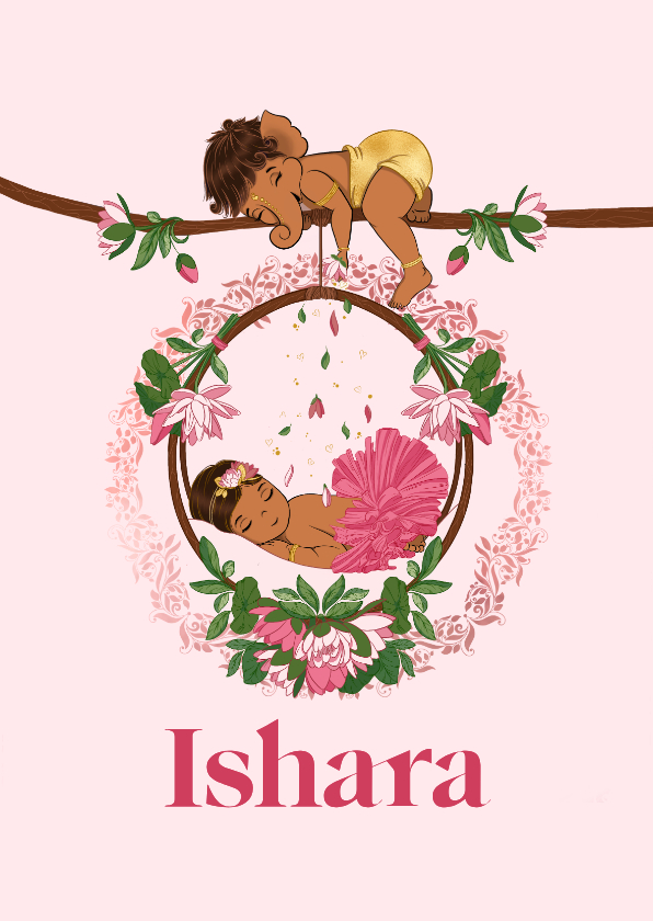 Geboortekaartje met Ganesha en baby meisje in wieg - Geboortekaartjes Geboortekaartjes - Geboortekaartje met Ganesha en baby meisje in wieg