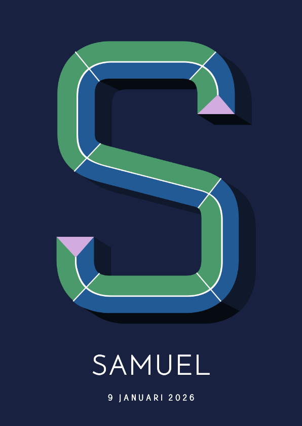 Geboortekaartjes - Geboortekaartje met gekleurde 3d letter S blauw paars