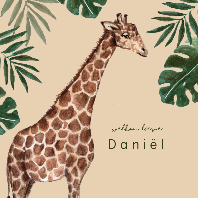 Geboortekaartjes - Geboortekaartje met giraffe en tropische bladeren
