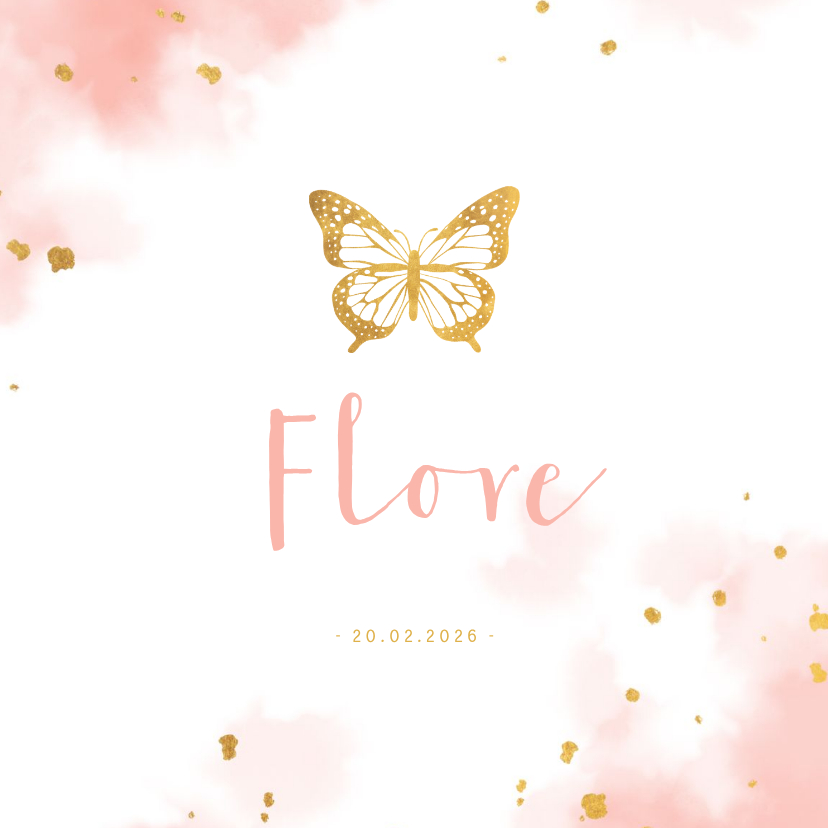 Geboortekaartjes - Geboortekaartje met gouden vlinder en waterverf