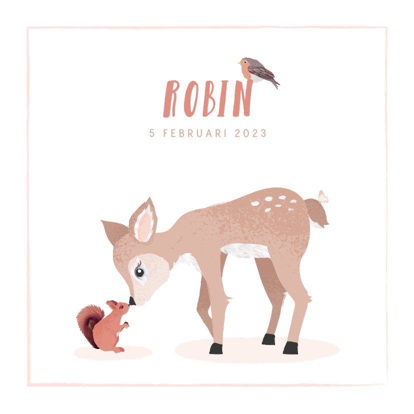 Geboortekaartje met illustratie hertje eekhoorntje vogeltje - Geboortekaartjes Geboortekaartjes - Geboortekaartje met illustratie hertje eekhoorntje vogeltje
