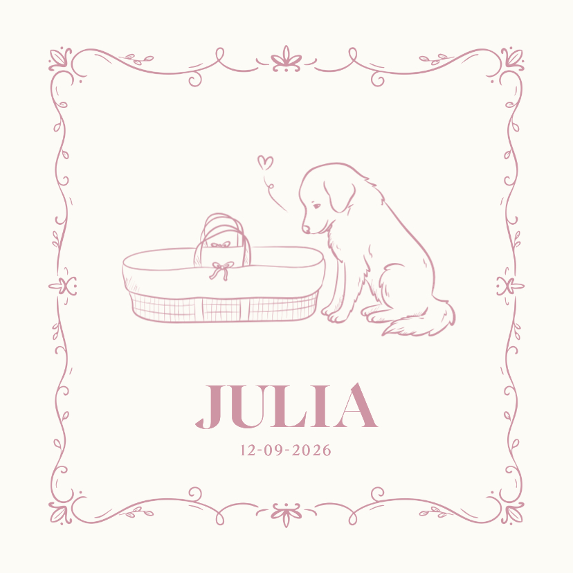 Geboortekaartjes - Geboortekaartje met illustratie hondje bij wieg roze
