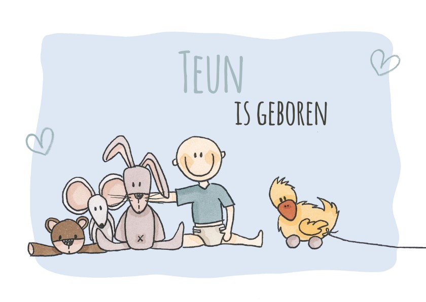 Geboortekaartje met jongetje en knuffels - Geboortekaartjes Geboortekaartjes - Geboortekaartje met jongetje en knuffels