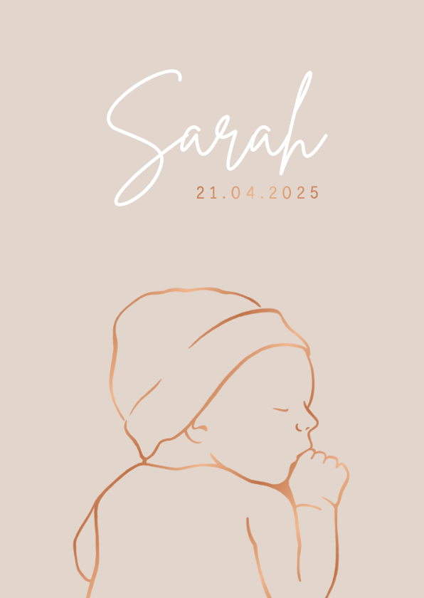 Geboortekaartje met koperlook lijntekening van baby - Geboortekaartjes Geboortekaartjes - Geboortekaartje met koperlook lijntekening van baby