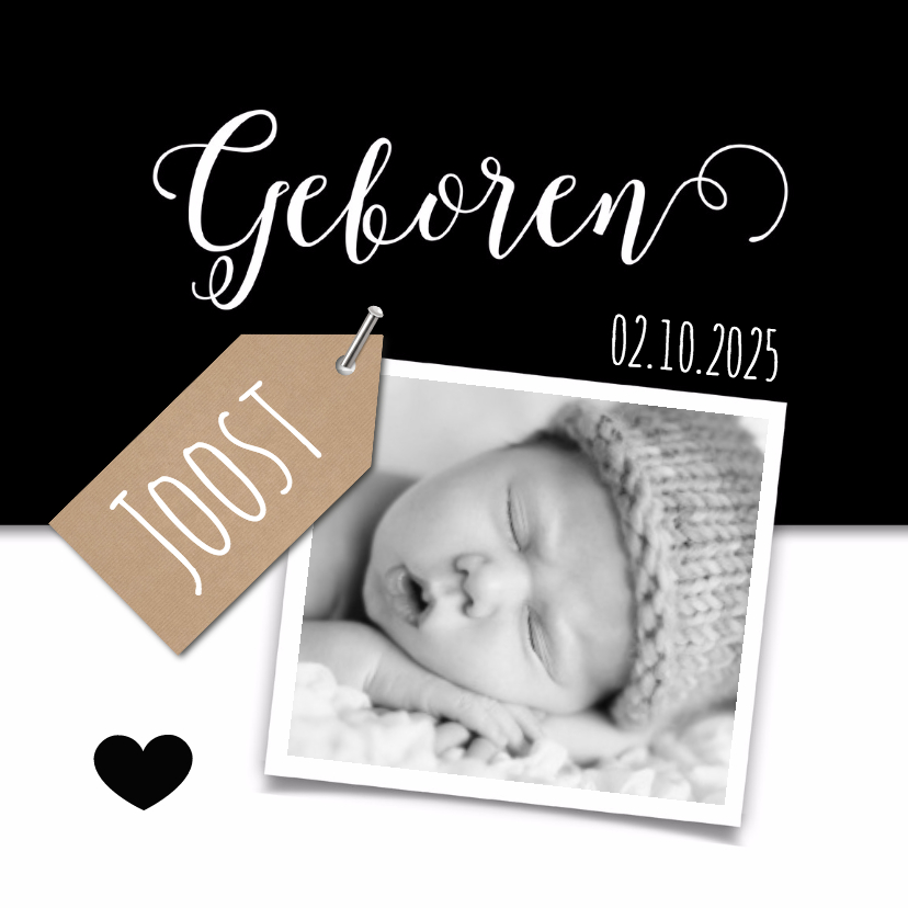 Geboortekaartjes - Geboortekaartje met kraft label, zwart wit en foto