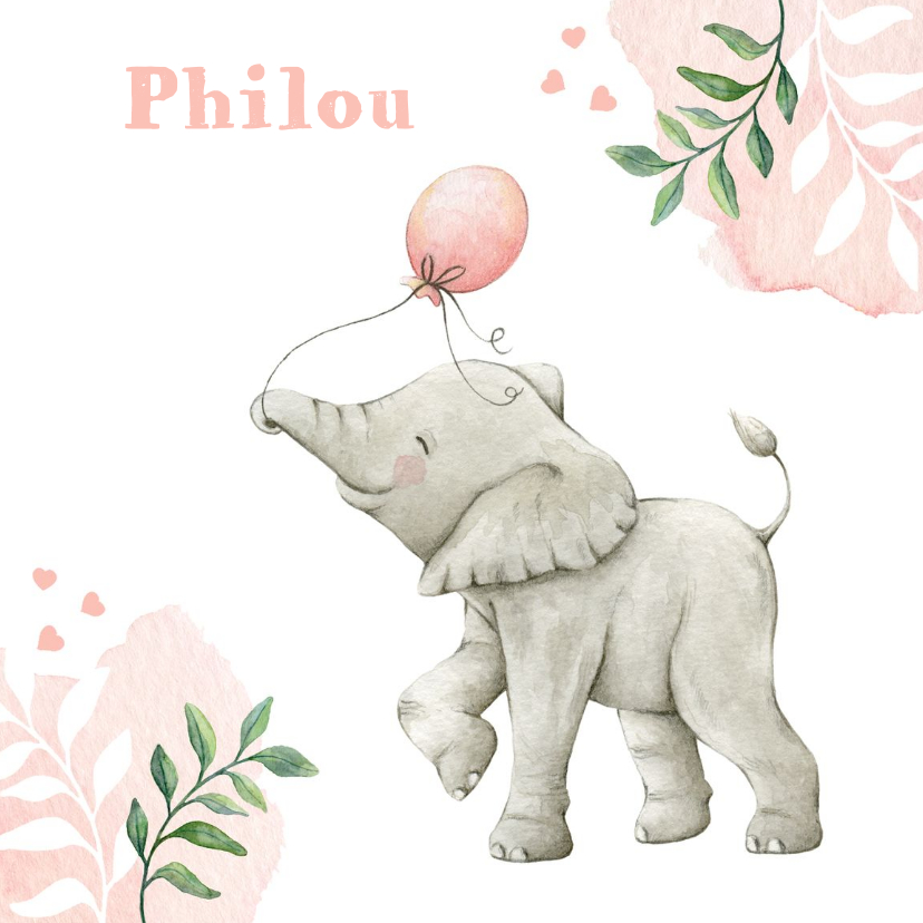 Geboortekaartjes - Geboortekaartje met lieve illustratie olifantje in aquarel
